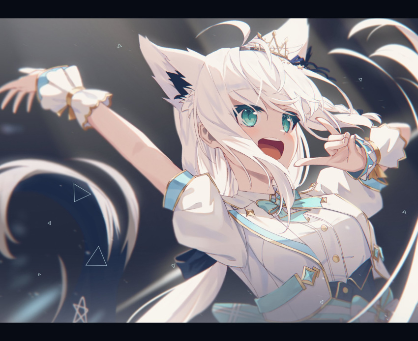 1girl ahoge animal_ear_fluff animal_ears aqua_eyes black_ribbon blush braid ear_piercing earrings fox_ears fox_girl fox_shadow_puppet fox_tail green_eyes hair_between_eyes hair_ribbon highres hololive idol jewelry long_hair low_ponytail nagishiro_mito neck_ribbon open_mouth pentagram piercing puffy_sleeves ribbon shirakami_fubuki short_sleeves side_braid sidelocks single_braid single_earring smile solo tail tiara virtual_youtuber white_hair wrist_cuffs