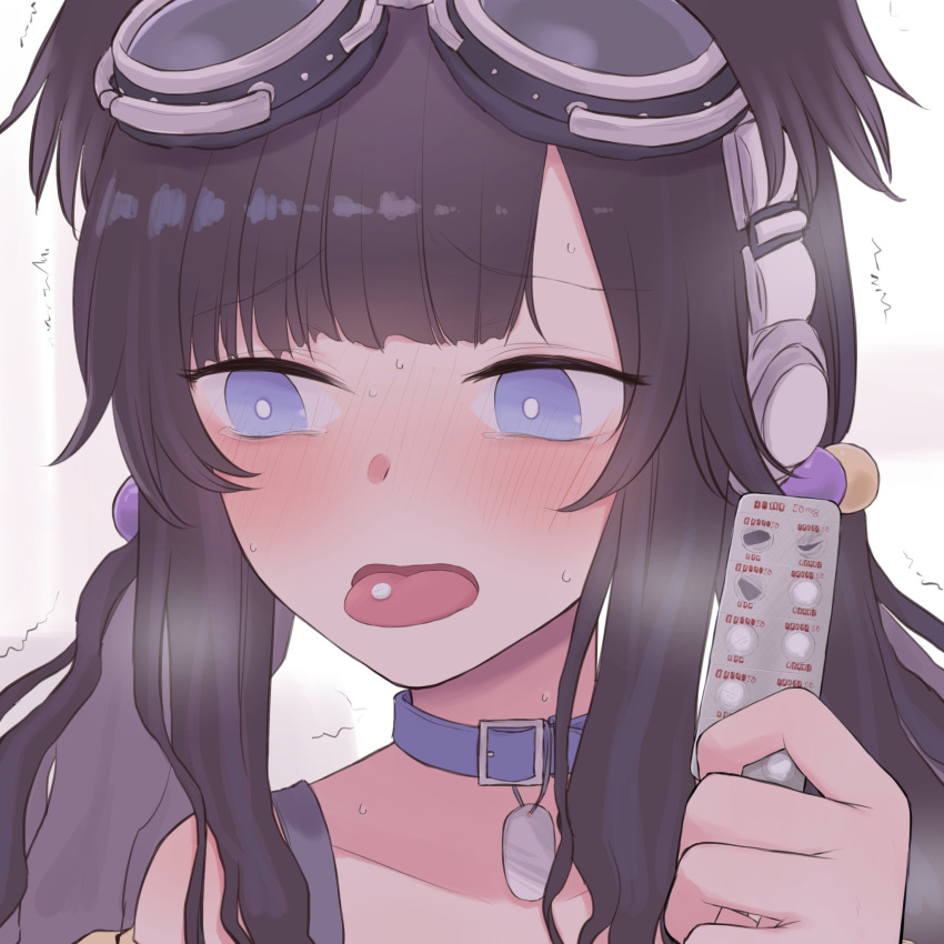 1girl :o animal_ears belt_collar black_hair blue_archive blunt_bangs blush chizu_(cartography_104) close-up collar collarbone commentary_request detached_sleeves dog_ears dog_girl goggles goggles_on_head grey_eyes hair_bobbles hair_ornament headphones heavy_breathing hibiki_(blue_archive) highres holding_pill in_heat long_hair looking_at_viewer looking_away low_twintails parted_bangs pill_on_tongue sidelocks simple_background solo steam sweatdrop tongue tongue_out trembling twintails visible_air white_background