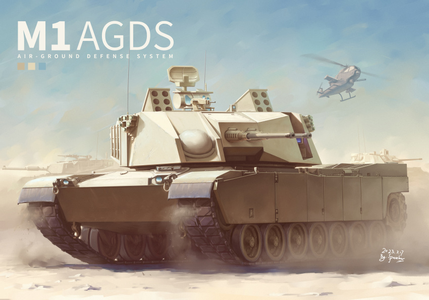 absurdres aircraft artist_name blue_sky cannon commission dated day desert dust ground_vehicle gun helicopter highres m1_abrams military military_vehicle motor_vehicle no_humans original outdoors pixiv_commission sand sky spacebar_tyan tank vehicle_focus weapon