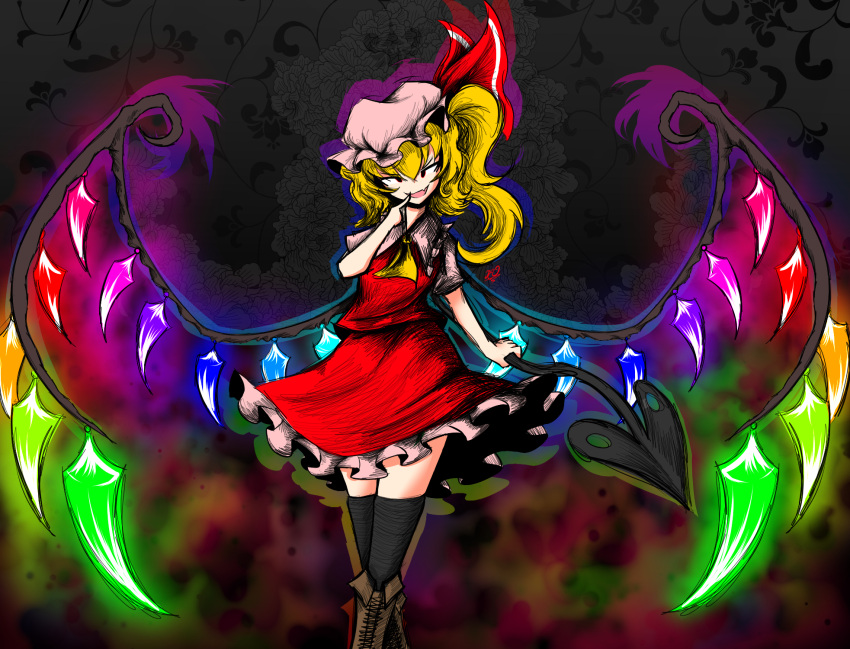 1girl ascot black_background black_thighhighs blonde_hair boots brown_footwear commentary crystal fang flandre_scarlet frilled_skirt frills hair_ribbon herushiart highres holding laevatein_(touhou) looking_at_viewer medium_hair one_side_up rainbow_order red_eyes red_ribbon red_skirt red_vest ribbon shirt short_sleeves skin_fang skirt solo thigh-highs touhou vest white_shirt wings yellow_ascot