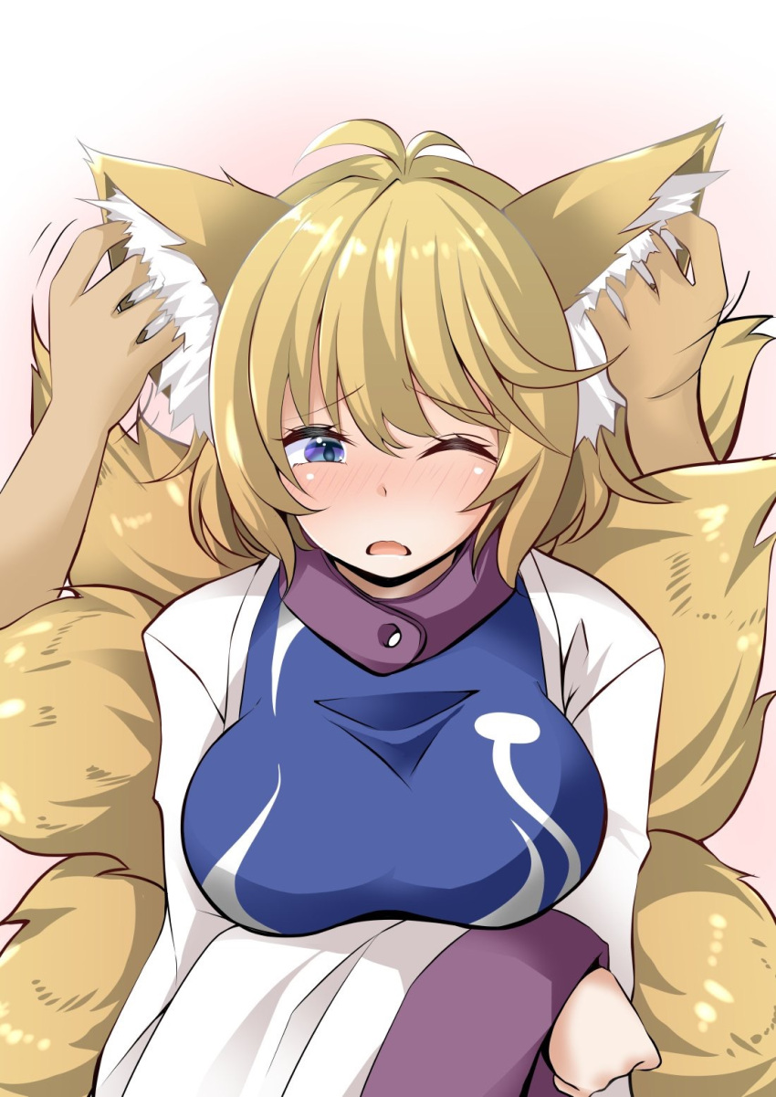 1girl 1other ;o animal_ear_fluff animal_ears antenna_hair blonde_hair blue_eyes breasts commentary_request fox_ears fox_girl fox_tail hand_on_another's_ear highres kitsune large_breasts long_sleeves multiple_tails one_eye_closed open_mouth short_hair solo_focus sunaguma tabard tail touhou upper_body wide_sleeves yakumo_ran