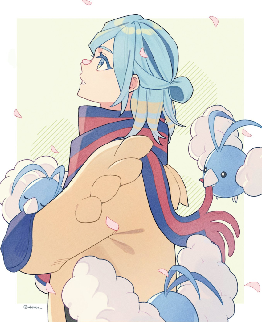 1boy commentary_request eyelashes falling_petals from_side green_eyes green_hair grusha_(pokemon) highres holding holding_pokemon jacket looking_up male_focus medium_hair pankona_(ubsssss) parted_lips petals pokemon pokemon_(creature) pokemon_(game) pokemon_sv scarf striped striped_scarf swablu upper_body yellow_jacket