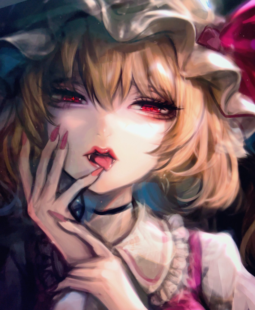 +_+ 1girl blonde_hair blurry blurry_background choker depth_of_field fangs fingernails flandre_scarlet frilled_shirt_collar frills hair_between_eyes half-closed_eyes hands_up hat highres kyogoku-uru lips looking_at_viewer mob_cap nail_polish portrait red_eyes red_nails solo tongue tongue_out touhou vampire
