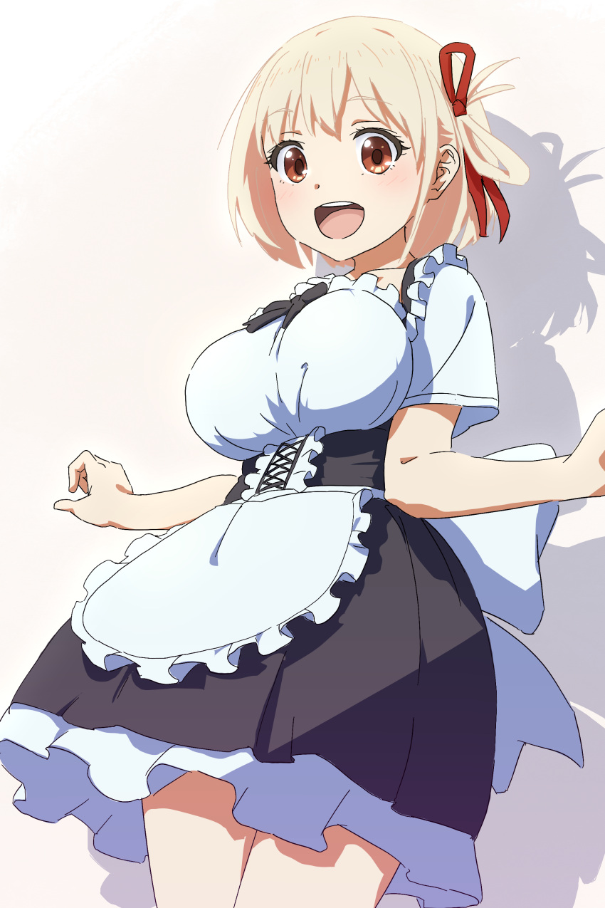 1girl absurdres alternate_costume apron black_skirt blonde_hair blush breasts center_frills commentary cowboy_shot enmaided eyelashes frilled_apron frills hair_between_eyes hair_ribbon happy highres large_breasts looking_at_viewer lycoris_recoil maid maid_apron nishikigi_chisato oekakiism one_side_up open_mouth petticoat red_eyes red_ribbon ribbon round_teeth shadow shirt short_hair short_sleeves sidelocks simple_background skirt smile solo standing teeth upper_teeth_only white_apron white_background white_shirt wide-eyed