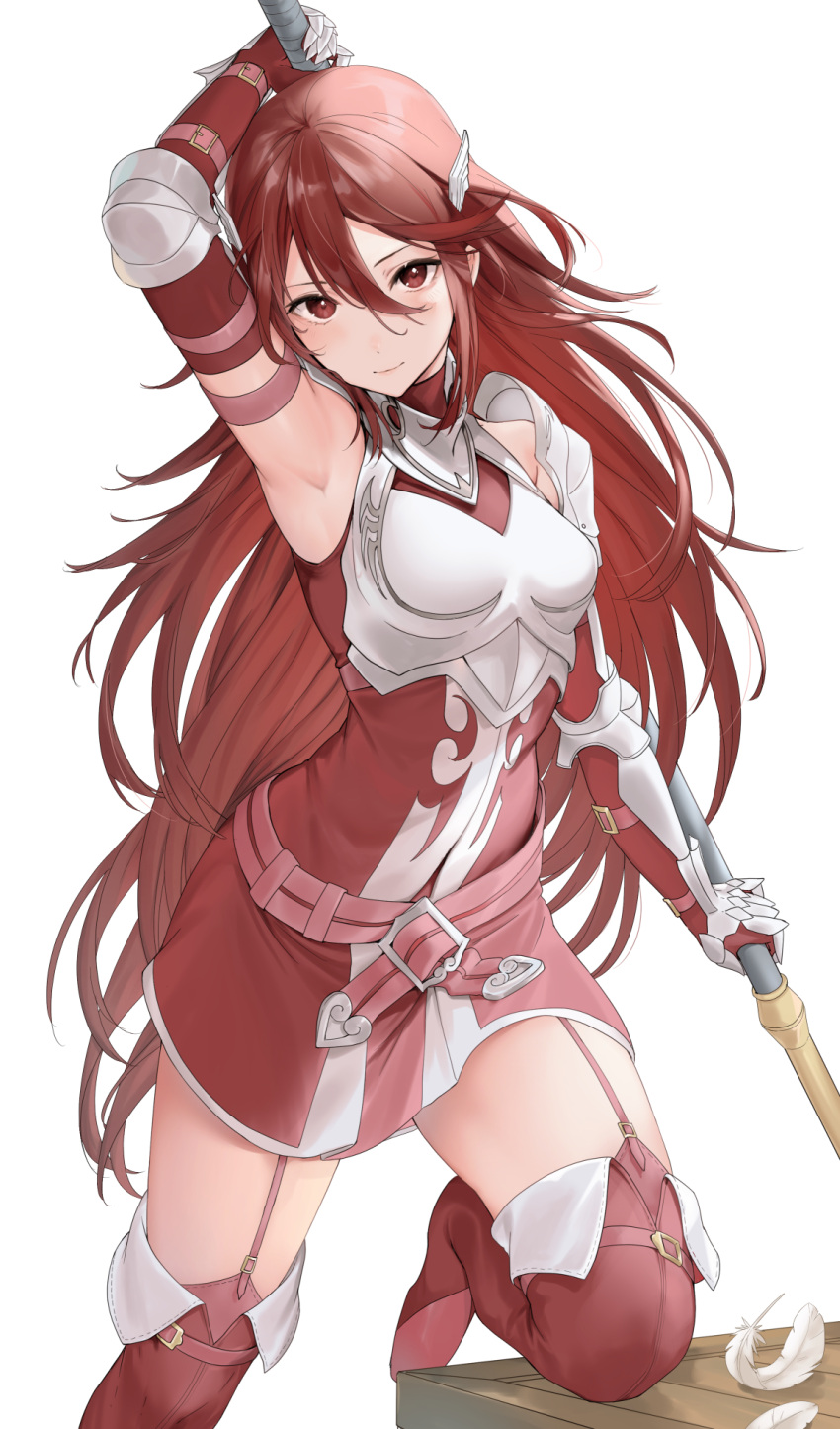 1girl arm_up armor armpits boots breastplate breasts cordelia_(fire_emblem) elbow_gloves feathers fire_emblem fire_emblem_awakening garter_straps gauntlets gloves hair_between_eyes haru_(nakajou-28) highres holding holding_polearm holding_weapon long_hair looking_at_viewer polearm red_eyes red_footwear red_gloves redhead shoulder_armor small_breasts smile solo thigh_boots very_long_hair weapon white_background wing_hair_ornament