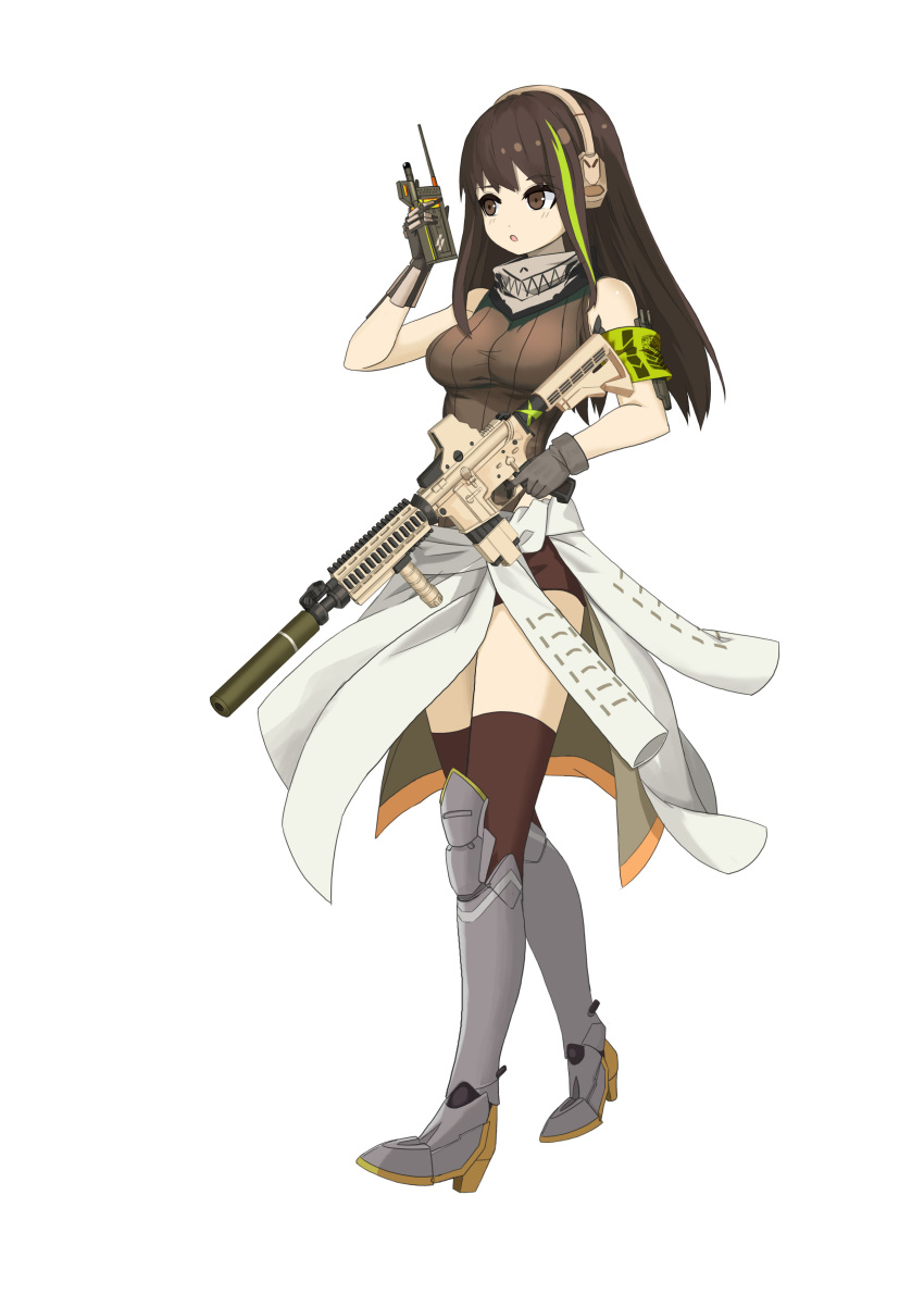 absurdres armored_boots assault_rifle boots brown_hair girls_frontline green_armband gun highres leotard m4_carbine m4a1_(girls'_frontline) non-web_source rifle walkie-talkie weapon