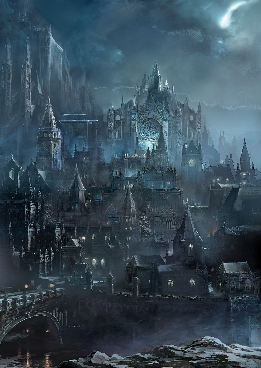 absurdres architecture bridge building castle cathedral church city cityscape clouds commentary concept_art dark_souls_(series) dark_souls_iii english_commentary european_architecture fantasy flying_buttress fog gothic gothic_architecture highres house moonlight night no_humans outdoors river road scenery sky stairs statue tower window