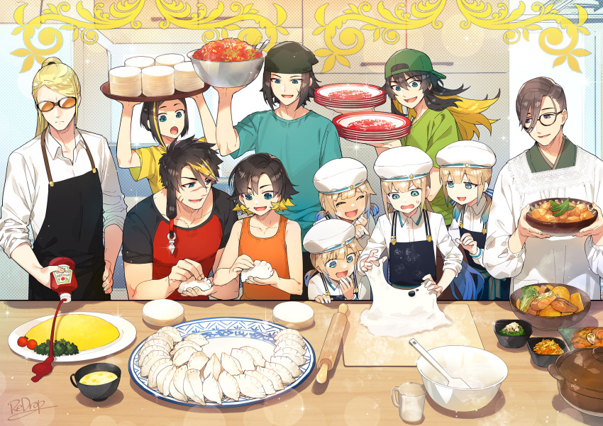 3others 6+boys :d :o ^_^ annoyed apron aqua_eyes aqua_shirt artist_name backwards_hat baker_nemo_(fate) baseball_cap beret black_apron black_hair blonde_hair blue_hair blunt_bangs bottle bowl brown_hair cabinet captain_nemo_(fate) cherry_tomato closed_eyes closed_mouth collared_shirt colored_inner_hair contemporary cooking cooking_pot daikon dough dumpling failure fate/grand_order fate_(series) father_and_son fish_(food) flour food furrowed_brow glasses gradient_hair green_headwear green_kimono green_shirt hair_between_eyes hair_ornament hair_over_one_eye hair_pulled_back hand_on_hip hat head_scarf highres holding holding_bottle holding_bowl holding_plate holding_tray huang_feihu_(fate) huang_tianhua_(fate) huang_tianjue_(fate) huang_tianlu_(fate) huang_tianxiang_(fate) indoors japanese_clothes jiaozi kappougi ketchup ketchup_bottle kimono kitchen laughing lens_flare light_brown_hair long_hair looking_at_another low_twintails lower_teeth_only male_child marine_nemo_(fate) measuring_cup meat mixing_bowl multicolored_hair multiple_boys multiple_others nemo_(fate) omelet omurice opaque_glasses open_collar open_mouth orange-tinted_eyewear orange_tank_top parted_bangs parted_lips plate plate_stack pointing ponytail radish redrop rolling_pin scar scar_on_face scar_on_nose shirt short_hair single_sidelock sleeves_rolled_up smile soup sparkle spatula streaked_hair sunglasses sweatdrop swept_bangs t-shirt table tank_top teeth tezcatlipoca_(fate) tinted_eyewear tomato tray twintails upper_body v-shaped_eyebrows violet_eyes white_headwear white_shirt wooden_table yamanami_keisuke_(fate) yellow_shirt