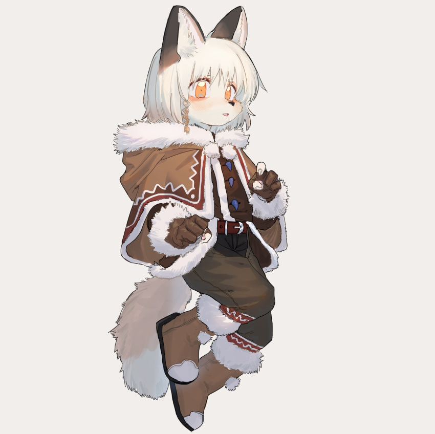 1boy :o androgynous animal_ear_fluff animal_ears belt body_fur boots braid brown_belt brown_capelet brown_footwear brown_fur brown_gloves brown_pants capelet floating fox_boy fox_ears fox_tail full_body fur-trimmed_boots fur-trimmed_capelet fur-trimmed_gloves fur_collar fur_trim furry furry_male gloves grey_background highres light_blush looking_at_viewer male_focus open_mouth orange_eyes original pants partially_fingerless_gloves rainggrade short_hair side_braid solo tail white_fur white_hair