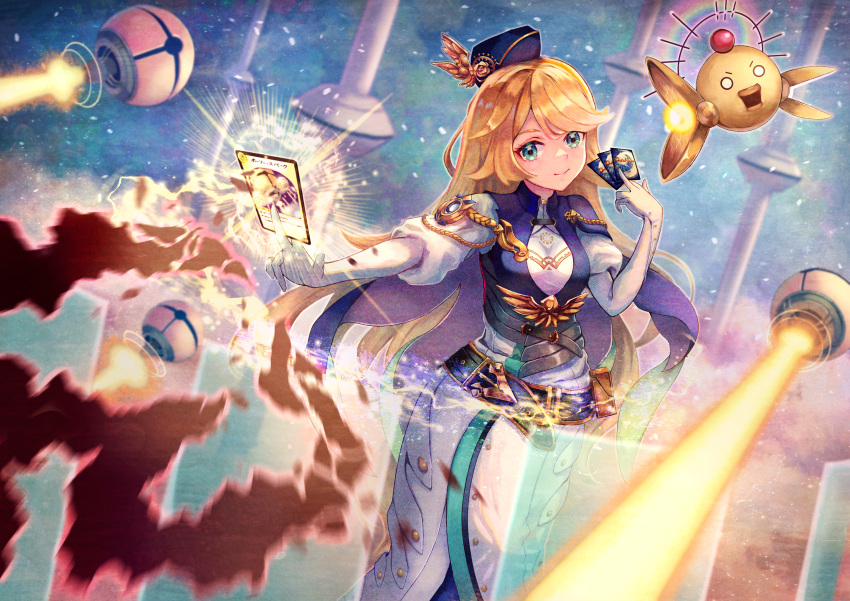 1girl absurdres belt blonde_hair breasts card card_between_fingers character_request dress duel_masters_play's elbow_gloves elena_(duel_masters) fujino_(gbgcf515) gloves green_eyes hand_up hat highres holding holding_card juliet_sleeves laser long_hair long_sleeves medium_breasts puffy_sleeves robot smile solo swept_bangs