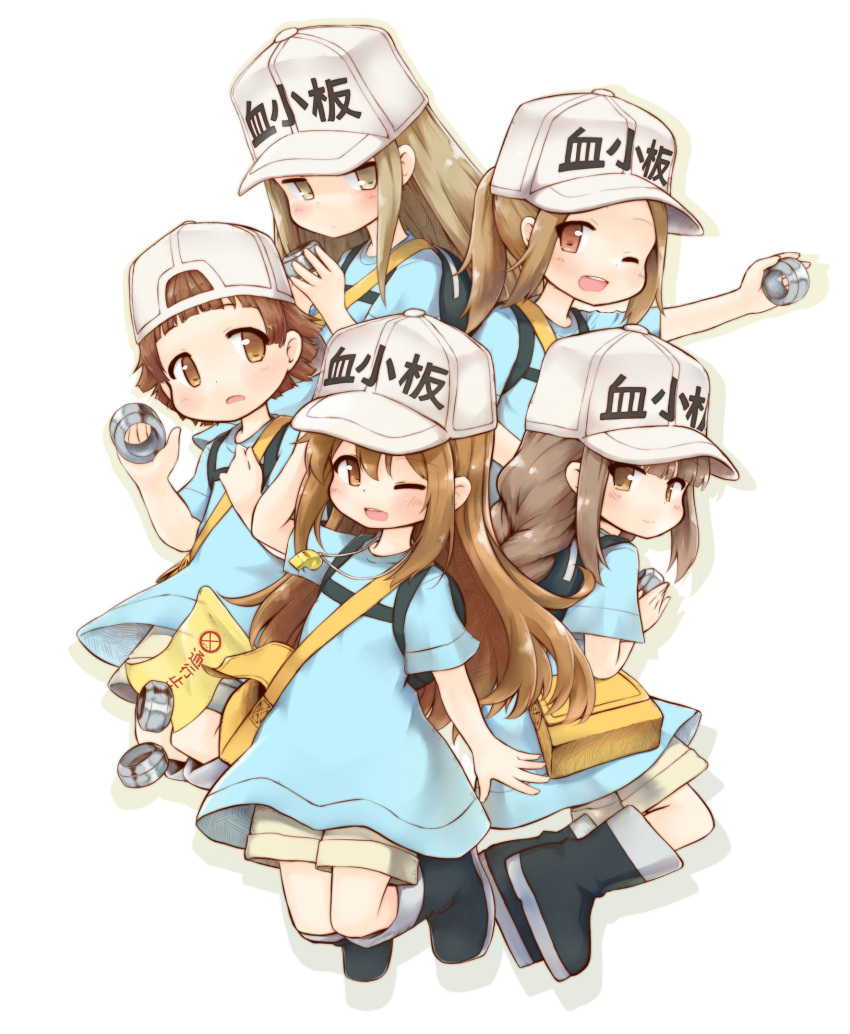 5girls bag baseball_cap black_footwear blue_shirt boots braid brown_eyes brown_hair brown_shorts child female_child flag hat hataraku_saibou highres holding holding_flag kareya long_hair multiple_girls one_eye_closed open_mouth platelet_(hataraku_saibou) shirt short_hair short_sleeves shorts smile whistle white_headwear