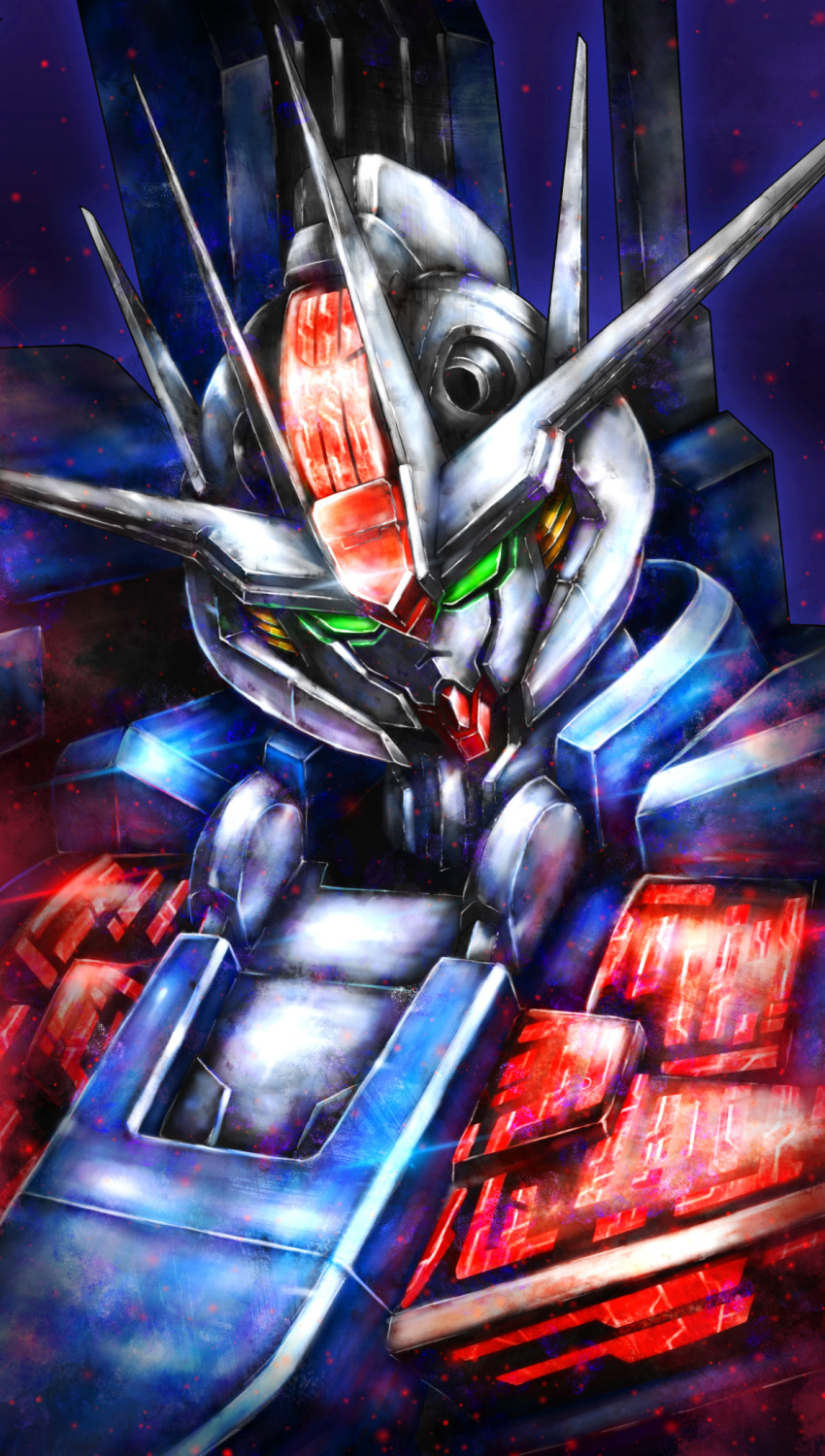commentary dark_background glowing green_eyes gundam gundam_aerial_rebuild gundam_suisei_no_majo highres looking_at_viewer mecha mobile_suit no_humans portrait robot science_fiction solo sunflower_(tomodog422) v-fin