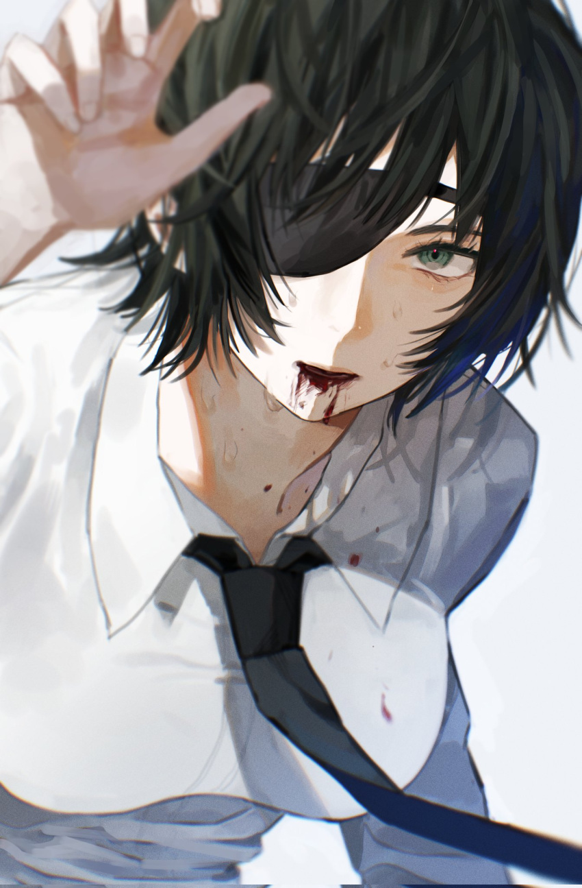 1girl black_hair black_necktie blood blood_from_mouth blood_on_clothes chainsaw_man collared_shirt eyepatch green_eyes highres himeno_(chainsaw_man) looking_at_viewer necktie saki_ringo shirt short_hair simple_background solo sweat white_background white_shirt