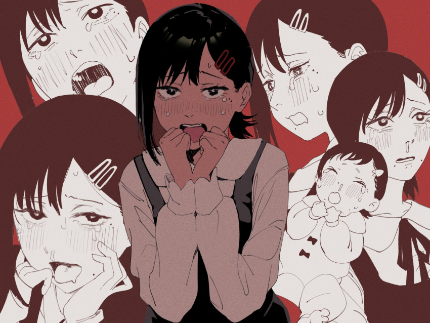 1girl baby black_hair chainsaw_man closed_eyes crying crying_with_eyes_open dress hair_ornament hairclip higashiyama_kobeni ikanyoikanikan looking_at_viewer mole mole_under_eye mole_under_mouth multiple_moles open_mouth pinafore_dress red_background sad scared short_hair short_ponytail simple_background single_sidelock snot_trail swept_bangs tearing_up tears wavy_mouth