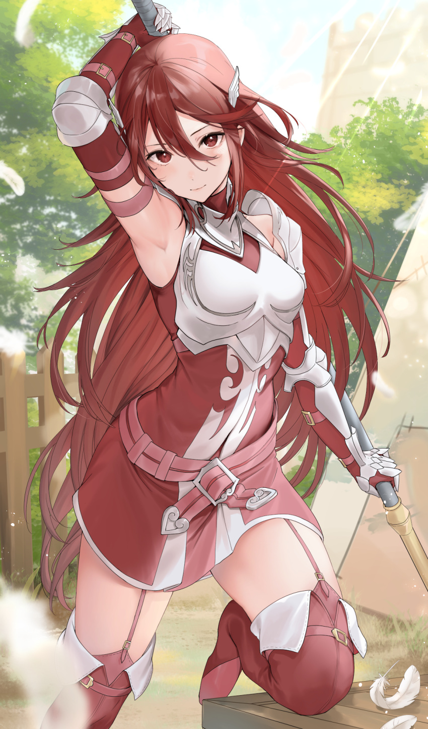 1girl arm_up armor armpits boots breastplate breasts cordelia_(fire_emblem) elbow_gloves feathers fire_emblem fire_emblem_awakening garter_straps gauntlets gloves hair_between_eyes haru_(nakajou-28) highres holding holding_polearm holding_weapon long_hair looking_at_viewer polearm red_eyes red_footwear red_gloves redhead shoulder_armor small_breasts smile solo thigh_boots very_long_hair weapon wing_hair_ornament
