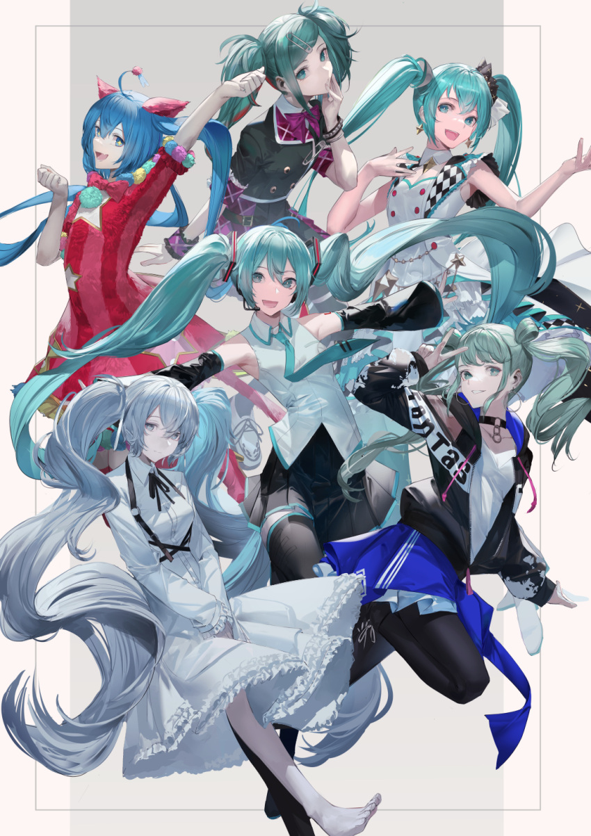 6+girls :d alternate_costume aqua_eyes aqua_hair black_dress black_jacket blazpu blue_skirt commentary copyright_request dress english_commentary grey_background hatsune_miku highres jacket long_hair looking_at_viewer multiple_girls open_mouth red_dress shirt skirt smile twintails vocaloid white_dress white_shirt