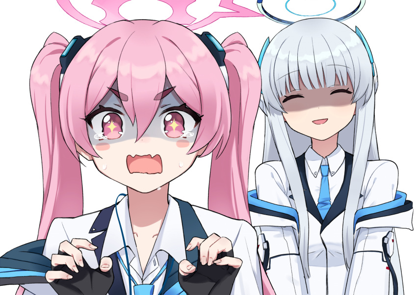 +_+ 2girls :d ^_^ azu_(azusayumix) black_gloves blue_archive blue_necktie blush_stickers closed_eyes collared_shirt commentary_request fingerless_gloves gloves grey_hair hair_between_eyes halo hands_up headgear highres jacket koyuki_(blue_archive) long_hair multiple_girls necktie noa_(blue_archive) off_shoulder open_clothes open_jacket open_mouth pink_hair shaded_face shirt short_eyebrows simple_background smile sweat tears thick_eyebrows upper_body v-shaped_eyebrows very_long_hair wavy_mouth white_background white_jacket white_shirt