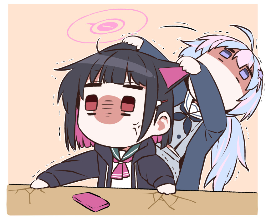 2girls absurdres ahoge anger_vein animal_ears annoyed b.t._(boob_tong) black_coat black_hair black_jacket blue_archive blunt_bangs cat_ears cat_girl cellphone chibi coat colored_inner_hair commentary_request extra_ears hair_between_eyes hair_ornament hairclip halo highres holding holding_ears hood hooded_jacket jacket kazusa_(blue_archive) long_hair looking_at_another low_twintails multicolored_hair multiple_girls open_clothes open_coat open_jacket phone pleated_skirt pulling red_eyes reisa_(blue_archive) school_uniform serafuku short_hair sidelocks simple_background skirt smartphone spoken_expression star_(symbol) star_hair_ornament twintails two-tone_hair violet_eyes