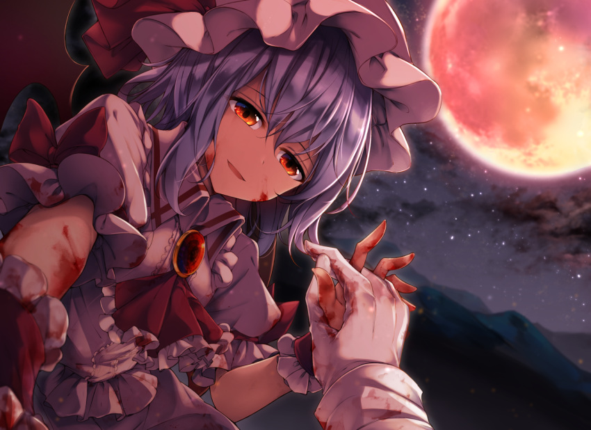 1girl 1other ascot blood blood_on_clothes blood_on_face blood_on_hands brooch center_frills collared_shirt dutch_angle frilled_ascot frilled_shirt_collar frills full_moon gloves hat hat_ribbon holding_hands interlocked_fingers jewelry looking_at_viewer midori_(misuriru8) mob_cap moon mountainous_horizon night pov purple_hair red_ascot red_eyes red_moon red_ribbon remilia_scarlet ribbon shirt short_sleeves smile star_(sky) touhou white_gloves white_headwear wrist_cuffs
