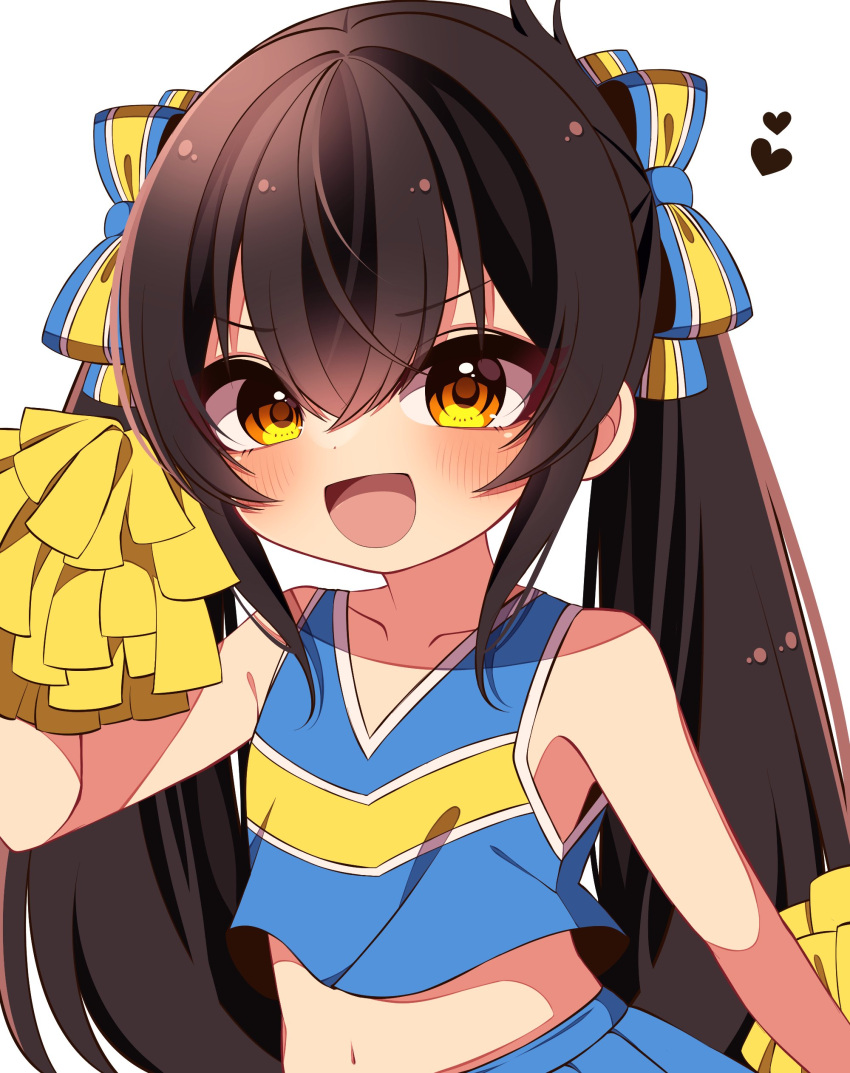1girl absurdres black_hair blue_shirt blue_skirt blush bow cheerleader collarbone commentary dot_nose female_child flat_chest hair_between_eyes hair_bow hand_up highres holding holding_pom_poms idolmaster idolmaster_cinderella_girls_u149 long_hair looking_at_viewer maju_risa matoba_risa navel open_mouth pleated_skirt pom_pom_(cheerleading) shirt sidelocks skirt sleeveless sleeveless_shirt smile solo stomach twintails upper_body v-shaped_eyebrows white_background yellow_eyes