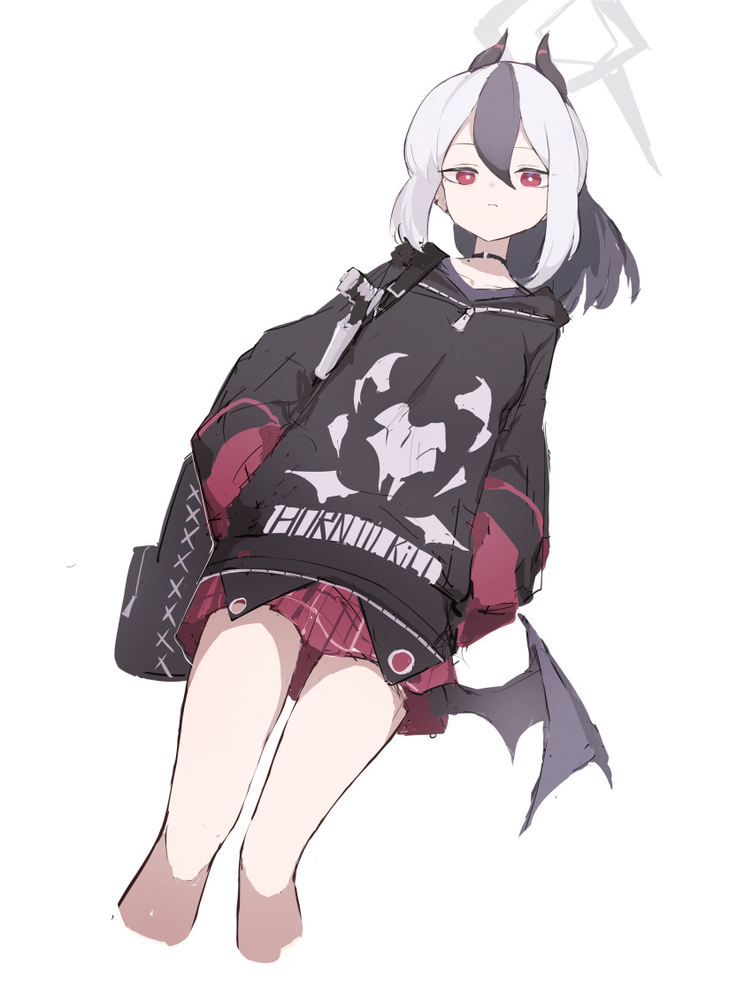 1girl absurdres backpack bag bat_wings black_choker black_hair black_hoodie blue_archive bright_pupils choker cropped_legs demon_horns dutch_angle ear_piercing einheadt english_text expressionless gun halo handgun hands_in_pockets highres holster holstered_weapon hood hoodie horns kayoko_(blue_archive) looking_at_viewer low_wings multicolored_hair piercing plaid plaid_skirt ponytail print_hoodie red_eyes red_skirt romaji_commentary shoulder_holster shoulder_strap simple_background skirt solo two-tone_hair weapon white_background white_hair white_pupils wings zipper