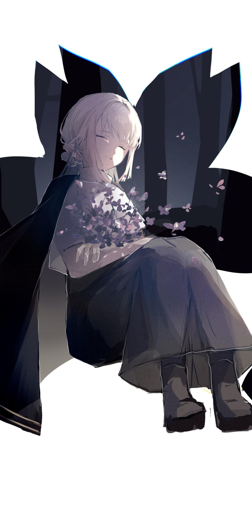 1girl absurdres bloom_(sky:_children_of_the_light) bouquet cherry_blossoms closed_eyes closed_mouth flower grey_hair hair_flower hair_ornament highres holding holding_bouquet sky:_children_of_the_light solo twintails white_hair