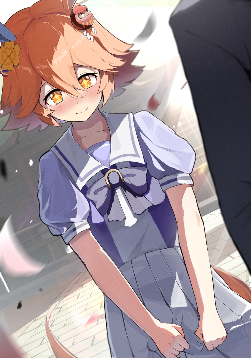 +_+ 1boy 1girl absurdres animal_ears blush bow clover_hair_ornament daruma_doll ear_covers flipped_hair hair_between_eyes hair_ornament highres horse_ears horse_girl horse_tail looking_at_viewer matikanefukukitaru_(umamusume) no_842 orange_eyes orange_hair puffy_short_sleeves puffy_sleeves purple_bow purple_shirt school_uniform shirt short_hair short_sleeves single_ear_cover skirt skirt_hold solo_focus tail tracen_school_uniform trainer_(umamusume) umamusume white_skirt