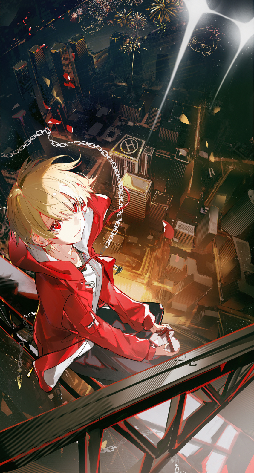 1boy absurdres aerial_fireworks blonde_hair chain child child_gilgamesh_(fate) city cityscape closed_mouth coat commentary enkidu_(weapon)_(fate) fate/grand_order fate_(series) fireworks from_above full_body gift gilgamesh_(fate) highres holding holding_gift hooded_coat jacket kiki7 long_sleeves looking_at_viewer male_child male_focus red_eyes red_jacket short_hair sitting smile valentine weapon