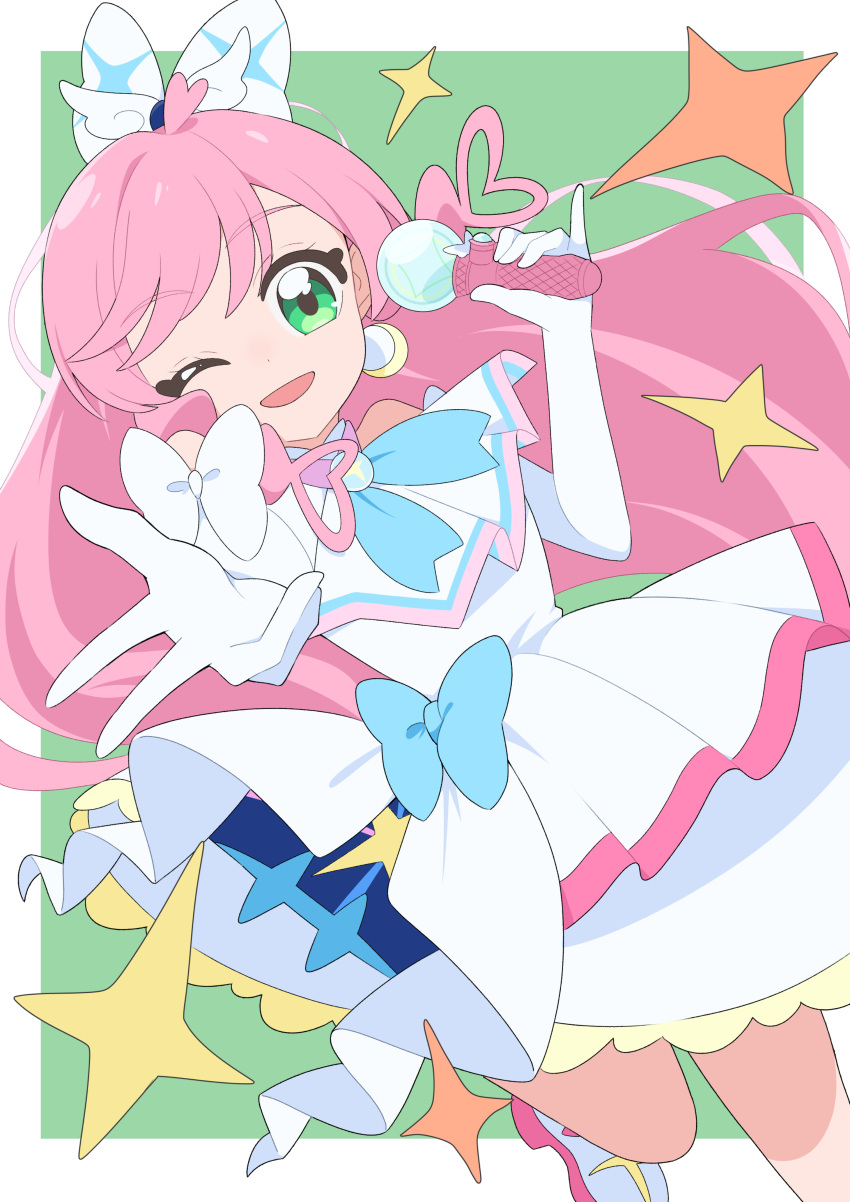 1girl absurdres ascot boots brooch cure_prism dress earrings elbow_gloves glove_bow gloves green_eyes hair_ribbon harr_illust highres hirogaru_sky!_precure holding holding_microphone jewelry looking_at_viewer magical_girl microphone nijigaoka_mashiro one_eye_closed open_mouth pink_hair precure ribbon solo white_ascot white_dress white_gloves wing_brooch wing_hair_ornament
