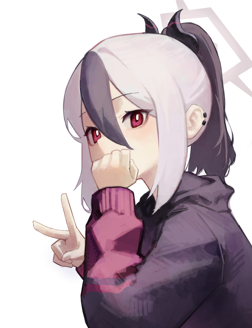 1girl absurdres black_hair blue_archive ear_piercing grey_hair hair_between_eyes halo hand_to_own_mouth highres hood hood_down hoodie horns jewelry kayoko_(blue_archive) long_sleeves looking_at_viewer piercing ponytail red_eyes simple_background solo upper_body v white_background yoon_cook