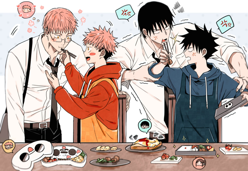 4boys aged_down bento blue_hoodie blush chewing child chopsticks dmsco1803 eating father_and_son food formal fushiguro_megumi fushiguro_touji fushiguro_tsumiki glasses gojou_satoru highres hood hoodie itadori_jin itadori_yuuji jam jujutsu_kaisen male_focus multiple_boys necktie onigiri open_mouth red_hoodie short_hair simple_background suit table undercut white_suit