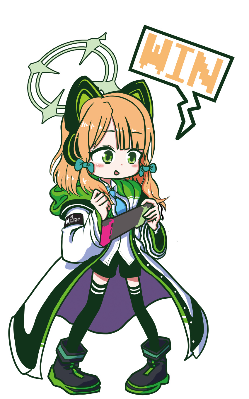1girl :d absurdres aghanseonmul animal_ear_headphones animal_ears black_shorts black_thighhighs blue_archive blunt_bangs cat_ear_headphones chibi clenched_hand collared_shirt commentary_request english_text fake_animal_ears full_body green_eyes hair_ribbon halo handheld_game_console headphones highres holding holding_handheld_game_console hooded_coat light_brown_hair long_sleeves midori_(blue_archive) necktie parted_bangs ribbon school_uniform shirt shoes short_hair shorts sidelocks simple_background smile sneakers solo speech_bubble standing thigh-highs transparent_background tress_ribbon zettai_ryouiki
