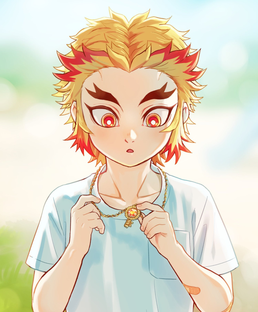 1boy aged_down blonde_hair forehead forked_eyebrows highres jewelry kimetsu_no_yaiba male_child male_focus marotoskin multicolored_hair necklace open_mouth orange_eyes redhead rengoku_kyoujurou shirt short_hair short_sleeves solo two-tone_hair white_shirt