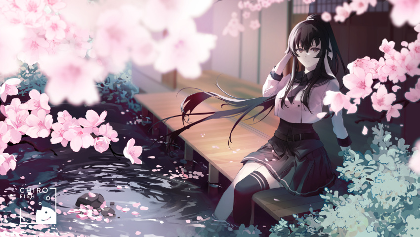 1girl architecture black_hair blurry blurry_background breasts cherry_blossoms chiroyo east_asian_architecture highres kantai_collection large_breasts long_hair looking_at_viewer ponytail red_eyes sailor_collar school_uniform sidelocks single_thighhigh sitting solo thigh-highs yahagi_(kancolle)