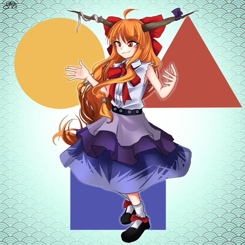 1girl absurdres ahoge belt black_footwear blue_skirt bow bowtie circle closed_eyes commentary footwear_bow full_body ganadara_ddo hair_bow highres horn_ornament horn_ribbon horns ibuki_suika korean_commentary long_hair looking_at_viewer low-tied_long_hair multicolored_background orange_eyes orange_hair purple_ribbon red_bow red_bowtie ribbon shirt signature skirt smile socks solo square torn_clothes torn_sleeves touhou triangle very_long_hair white_shirt white_socks