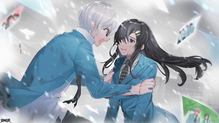 1boy 1girl black_eyes black_hair black_necktie blazer blue_eyes blurry blurry_background building copyright_name dairoku_ryouhei eye_contact hair_ornament hair_over_one_eye hairclip hatorihatelier highres jacket long_hair looking_at_another necktie outdoors photo_(object) scar scar_on_hand school_uniform shirt stitches torn_clothes white_hair white_shirt wind