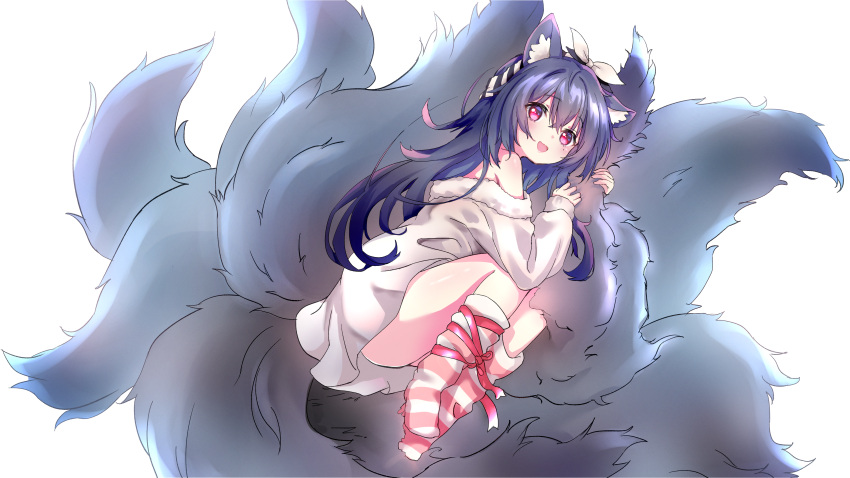 1girl :d absurdres animal_ear_fluff animal_ears bare_shoulders black_hair character_request commission copyright_request dress fetal_position fluffy fox_ears fox_girl fox_tail full_body fur-trimmed_sweater highres hugging_own_tail long_hair long_sleeves multicolored_hair multiple_tails off-shoulder_sweater off_shoulder pink_hair pink_socks purple_hair red_eyes sage_(fullmoonsway) simple_background smile socks striped striped_socks sweater sweater_dress tail white_background white_socks white_sweater