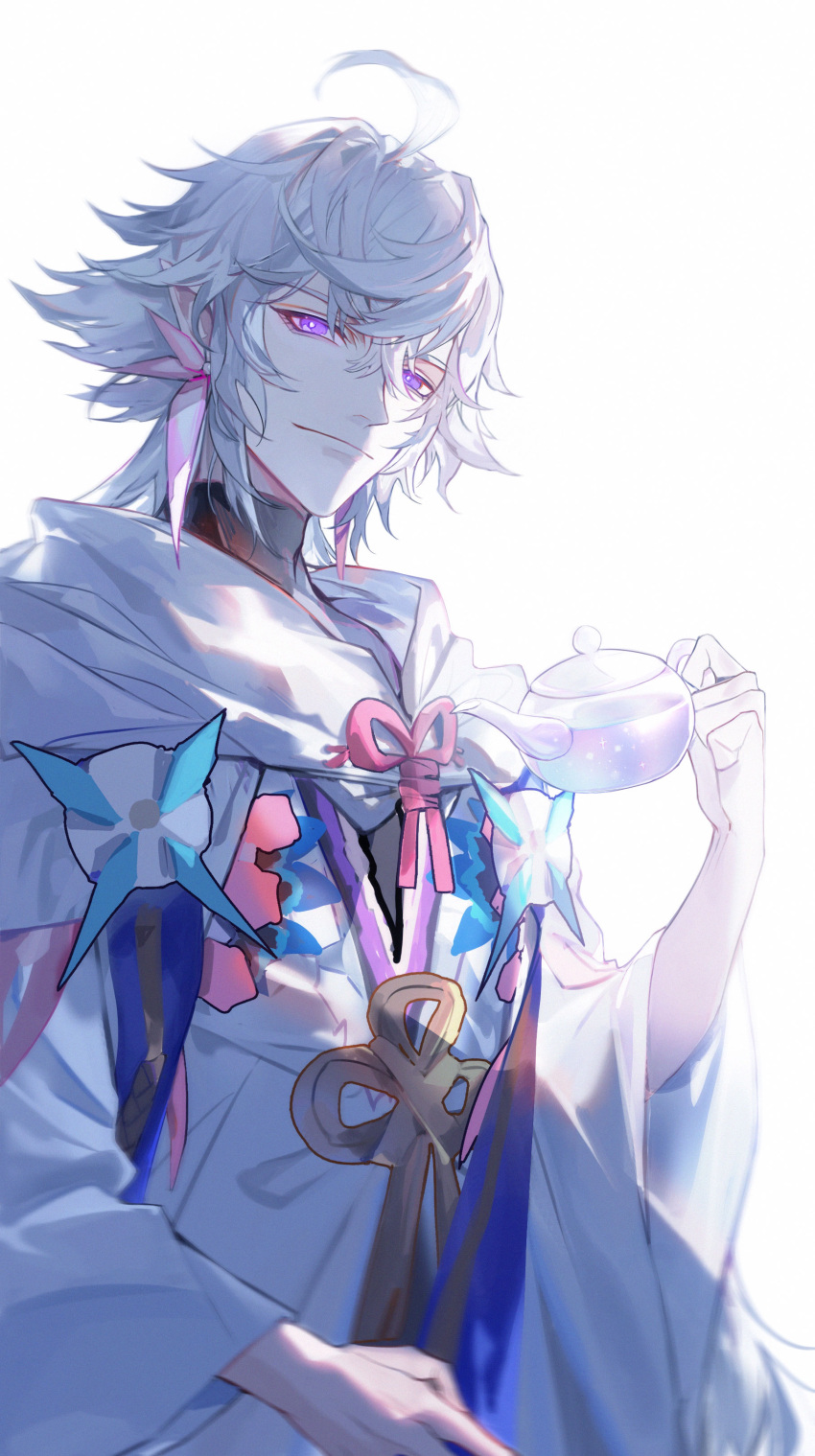 1boy absurdres closed_mouth earrings fate/grand_order fate_(series) hair_between_eyes highres holding holding_teapot hood hood_down jewelry kiki7 light_smile long_sleeves looking_at_viewer male_focus merlin_(fate) solo teapot violet_eyes white_background white_hair wide_sleeves
