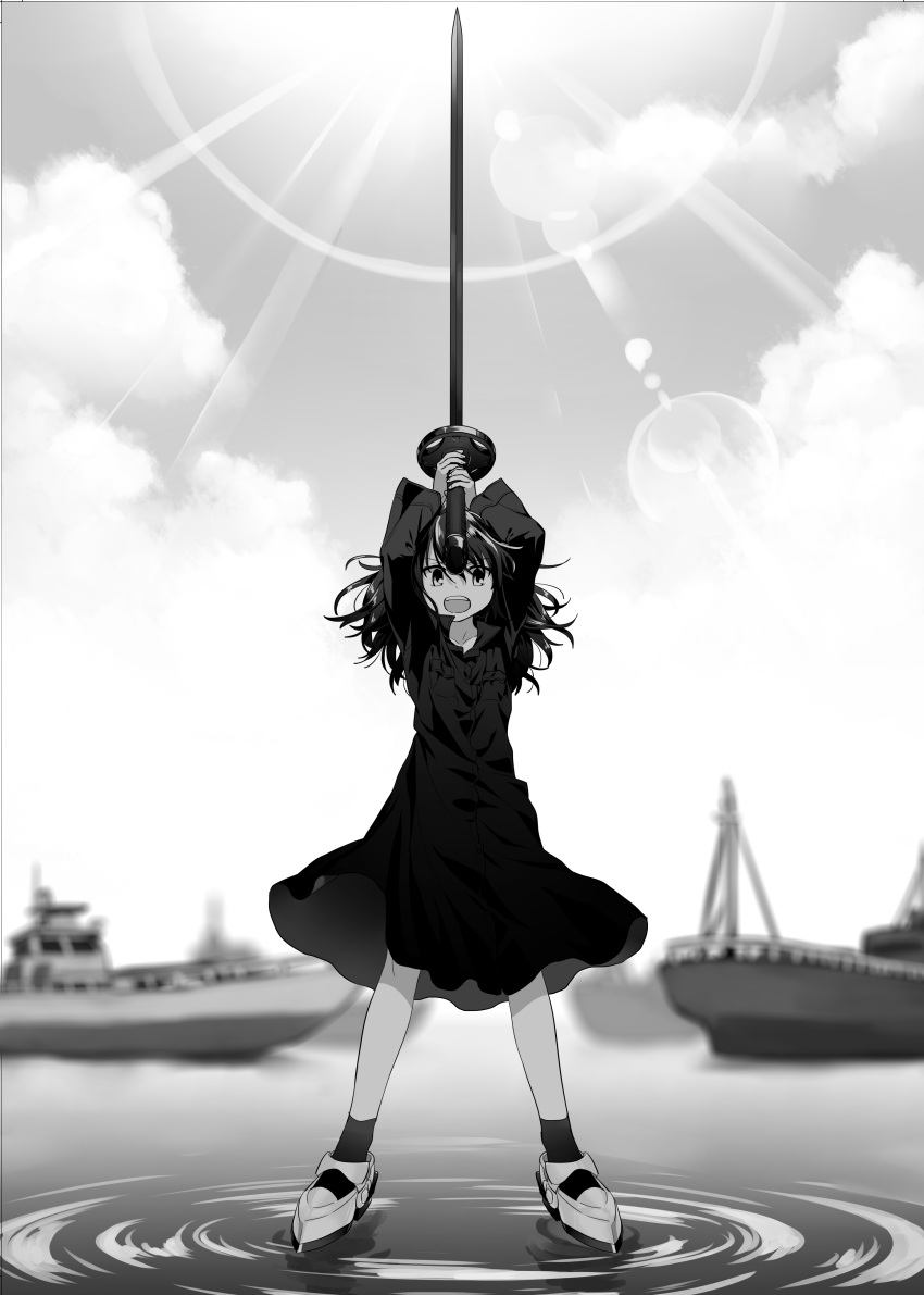 1girl absurdres blurry clouds commentary_request depth_of_field dress female_admiral_(kancolle) full_body greyscale highres holding holding_sword holding_weapon kana_haruki kantai_collection lens_flare little_girl_admiral_(kancolle) medium_dress monochrome nakama_saori open_mouth ripples ship sky solo standing standing_on_liquid sword water watercraft weapon