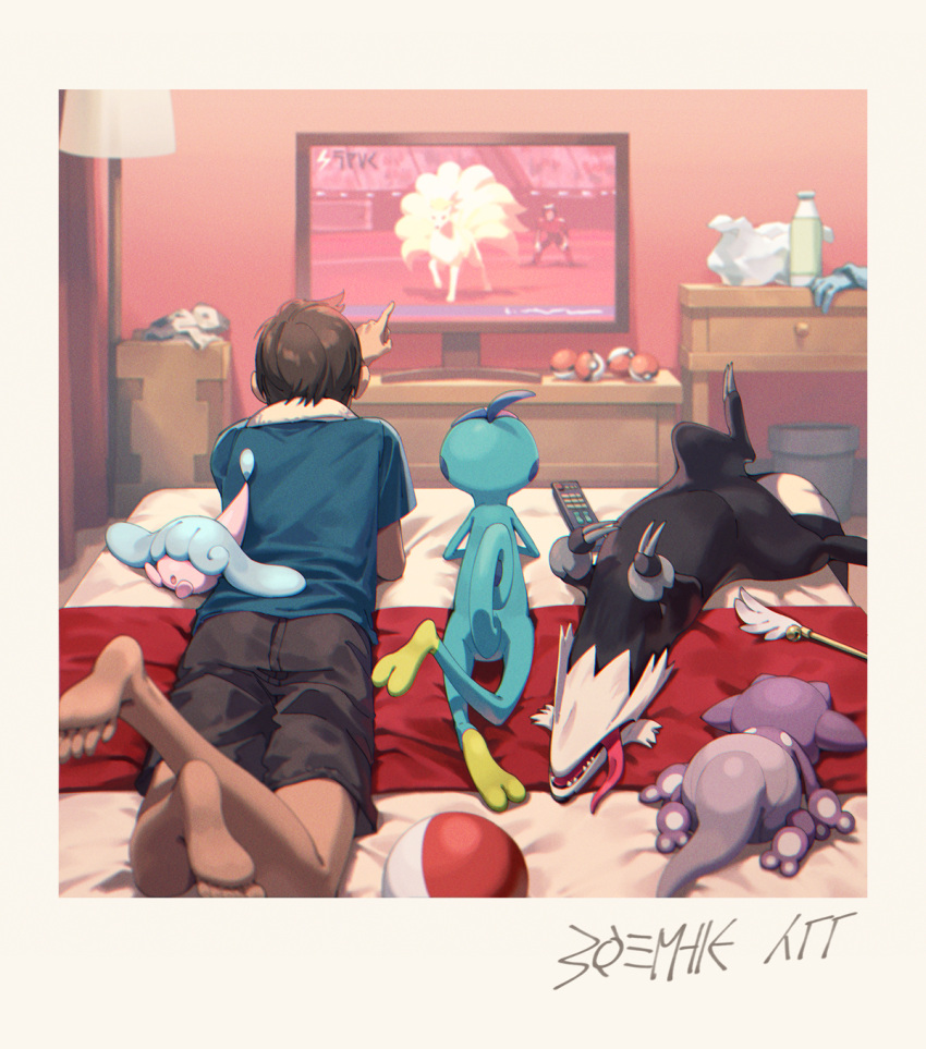 1boy arm_up barefoot bed black_shorts blue_shirt border bottle brown_hair commentary_request controller drawer drizzile facing_away feet galarian_linoone hatenna highres indoors lamp lying ninetales on_back on_bed on_stomach open_mouth pointing poke_ball poke_ball_(basic) pokemon pokemon_(creature) pokemon_(game) pokemon_swsh remote_control sharp_teeth shirt short_hair short_sleeves shorts soles t-shirt table teeth television toes tongue tongue_out toxel trash_can victor_(pokemon) white_border zinnkousai3850