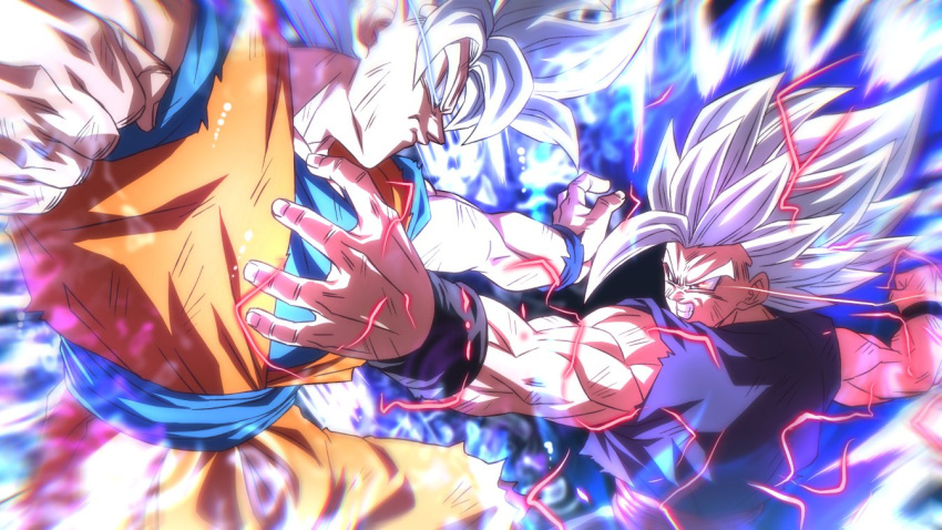 2boys aura clenched_hand clenched_teeth commentary dougi dragon_ball dragon_ball_super dragon_ball_super_super_hero electricity father_and_son frown furrowed_brow gohan_beast grey_eyes grey_hair male_focus multiple_boys muscular muscular_male red_eyes rom_(20) serious son_gohan son_goku teeth ultra_instinct wristband