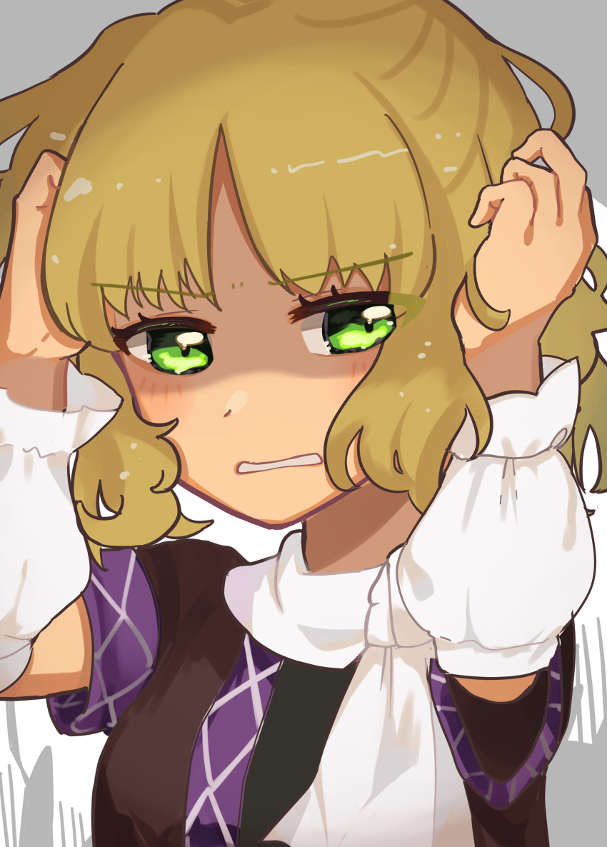 1girl absurdres arm_warmers black_shirt blonde_hair blush brown_shirt clenched_teeth commentary_request green_eyes hands_on_own_head hangaku_th highres looking_at_viewer mizuhashi_parsee one-hour_drawing_challenge scarf shaded_face shirt short_hair short_sleeves solo teeth touhou undershirt upper_body white_scarf