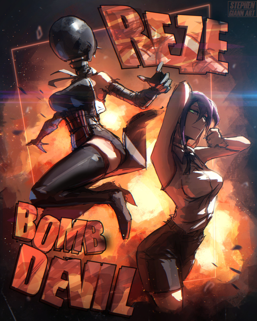 1girl absurdres artist_name black_choker black_thighhighs bomb_devil_(chainsaw_man) chainsaw_man character_name choker collared_shirt elbow_gloves explosion facing_viewer gloves grenade_pin hair_bun highres looking_at_viewer nuclear_weapon purple_hair reze_(chainsaw_man) shirt short_hair single_hair_bun sleeveless sleeveless_shirt stephengiannart thigh-highs transformation white_shirt