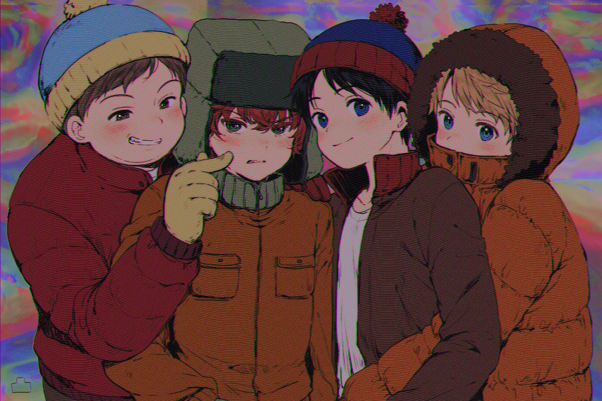 4boys animification beanie black_hair blonde_hair blue_eyes blush brown_eyes brown_hair cheek_poking eric_cartman gloves green_eyes green_headwear hair_between_eyes hand_on_another's_shoulder hat highres hood hoodie kenny_mccormick kyle_broflovski long_sleeves looking_at_viewer male_focus multiple_boys orange_hoodie pantygnomes poking red_gloves redhead smile smirk south_park stan_marsh yellow_gloves