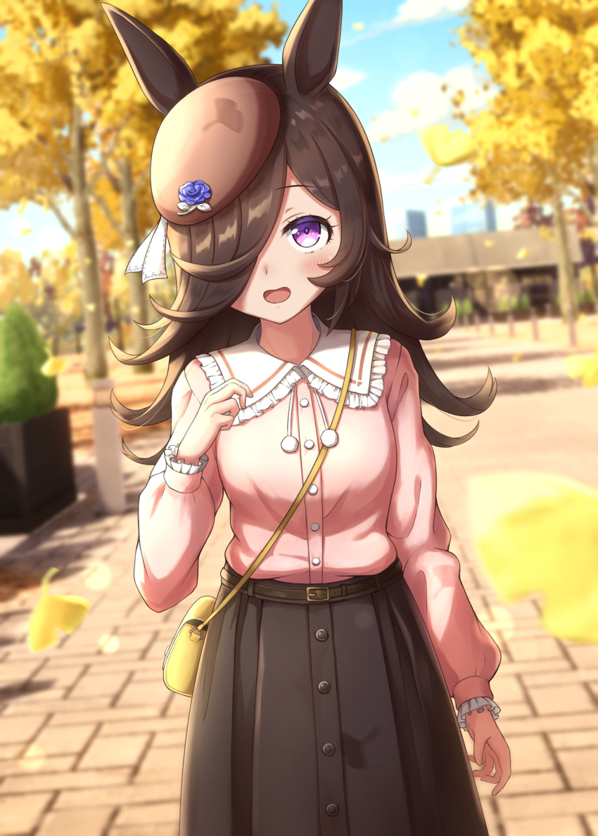 1girl :d animal_ears autumn bag belt belt_buckle beret blouse blue_sky blurry blurry_background blush brown_belt brown_hair brown_headwear brown_skirt buckle building bush buttons clouds collared_shirt commentary_request darepaso day depth_of_field eyelashes fence frilled_shirt_collar frilled_sleeves frills ginkgo_leaf hair_over_one_eye hand_up handbag hat hat_ribbon highres horse_ears horse_girl leaf lens_flare long_hair long_sleeves looking_at_viewer one_eye_covered open_mouth outdoors parted_bangs pink_shirt pleated_skirt pom_pom_(clothes) ribbon rice_shower_(umamusume) shirt shirt_tucked_in sidelocks skirt sky smile solo standing swept_bangs tilted_headwear tree umamusume violet_eyes white_ribbon yellow_bag