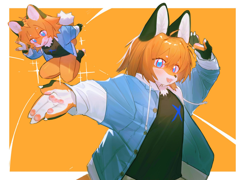 2girls animal_ears animal_hands arm_up black_shirt blue_eyes blue_jacket blush body_fur claws fang fox_ears fox_girl fox_tail furry furry_female highres jacket long_sleeves looking_at_viewer minigirl multiple_girls open_mouth orange_background orange_fur original rainggrade sharp_teeth shirt short_hair simple_background skin_fang solo standing tail teeth upper_body white_fur