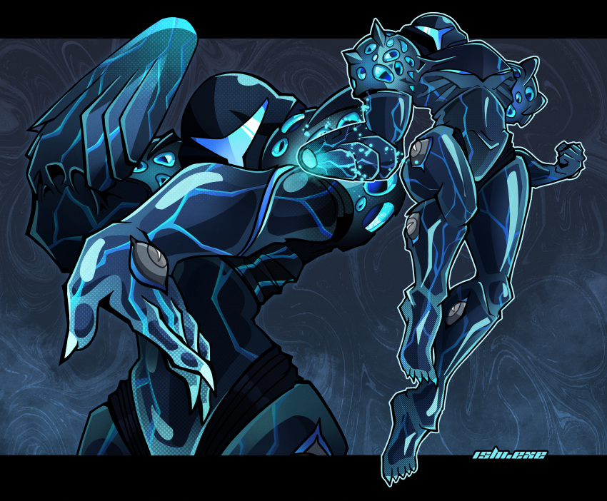 1girl absurdres arm_cannon armor artist_logo artist_name assault_visor barefoot dark_samus fingernails glowing helmet highres ishiexe letterboxed metroid metroid_prime_2:_echoes multiple_views outside_border phazon power_suit powering_up sharp_fingernails sharp_toenails toenails veins weapon