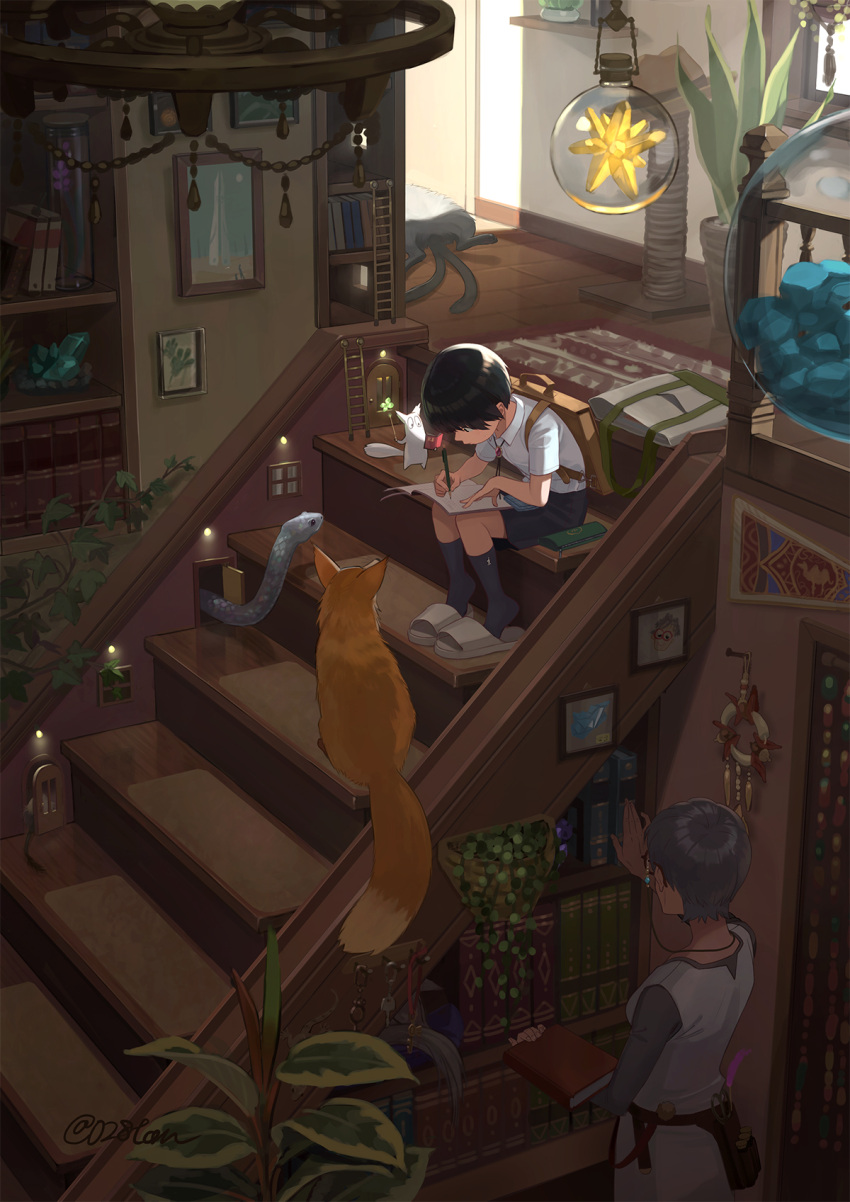 1boy 1girl animal black_hair book commentary creature extra_tails fox glasses grey_hair highres indoors original otton revision school_uniform sitting slippers snake stairs