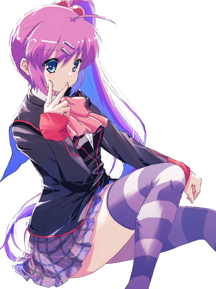 1girl akayama_yukihe black_jacket black_sailor_collar blazer blue_eyes bow grey_skirt hair_bobbles hair_ornament highres invisible_chair jacket little_busters! long_hair pink_bow plaid plaid_skirt pleated_skirt purple_hair saigusa_haruka sailor_collar school_swimsuit school_uniform side_ponytail sitting skirt solo striped striped_thighhighs swimsuit thigh-highs white_background