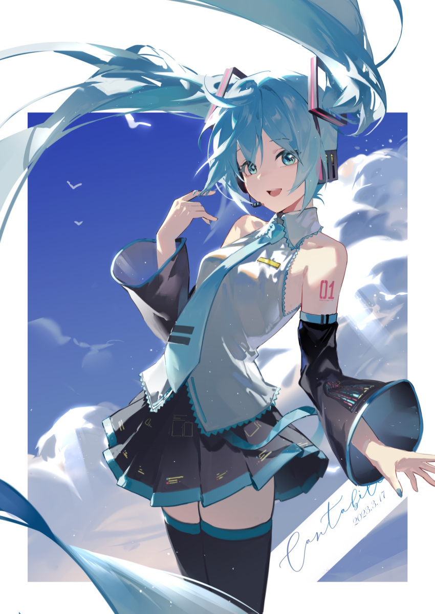 1girl absurdly_long_hair aqua_eyes aqua_hair aqua_nails aqua_necktie bare_shoulders bird black_skirt black_sleeves black_thighhighs border clouds commentary contrapposto cowboy_shot cumulonimbus_cloud dated detached_sleeves floating_hair grey_shirt hair_ornament hand_up hatsune_miku headphones headset highres jiuyesang long_hair looking_at_viewer miniskirt nail_polish necktie open_mouth pleated_skirt shirt shoulder_tattoo sidelighting skirt sky sleeveless sleeveless_shirt smile solo standing tattoo thigh-highs twintails very_long_hair vocaloid white_bird white_border zettai_ryouiki